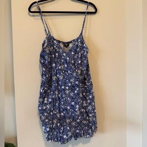 LOFT Petite Blue and White Floral V-Neck Romper with Pockets